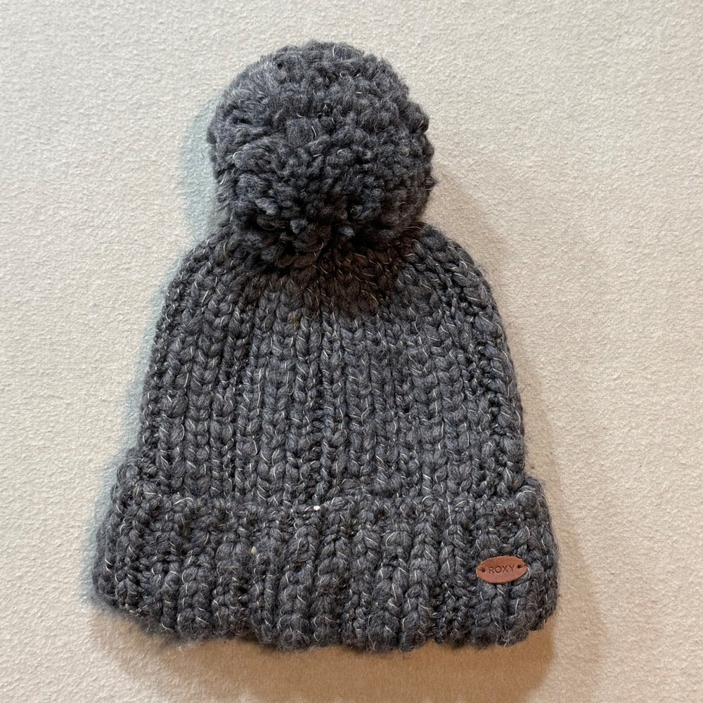 Roxy Chunky Knit Pom Beanie Hat‎ Gray Wool Blend Winter Ski Snowboard Cap Women